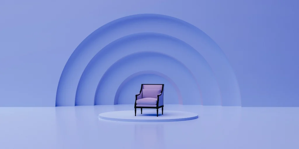 Lilac-colored space with three arches in the background over an empty chair which represents a missing marketing strategy.