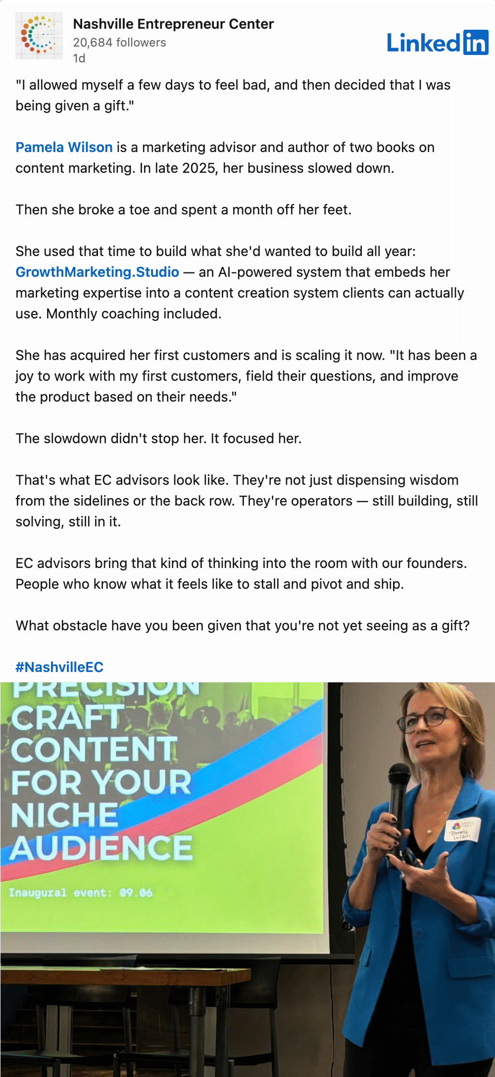 Pamela Wilson and the origin story of her Growth Marketing Studio, as featured by the Nashville Entrepreneur Center.
